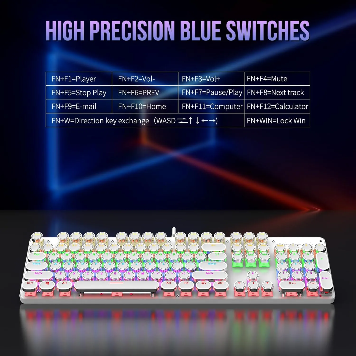 Typewriter Mechanical Gaming Keyboard with Rainbow Light Backlit Red Switches, 104 Keys Retro Round Keycap, Wired Typewriter Style Comfortable Typing Soud (White LED)