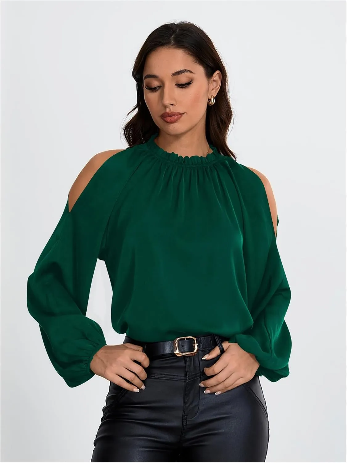 Verdusa Women's Long Sleeve Blouse Cold Shoulder Crew Neck Pleated Casual Shirts Lantern Sleeve Tops