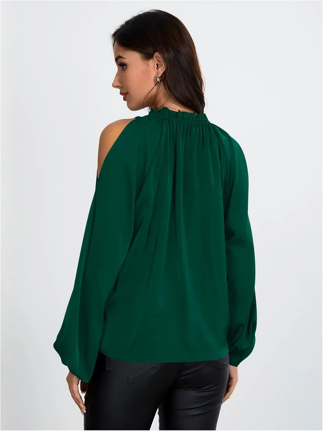 Verdusa Women's Long Sleeve Blouse Cold Shoulder Crew Neck Pleated Casual Shirts Lantern Sleeve Tops