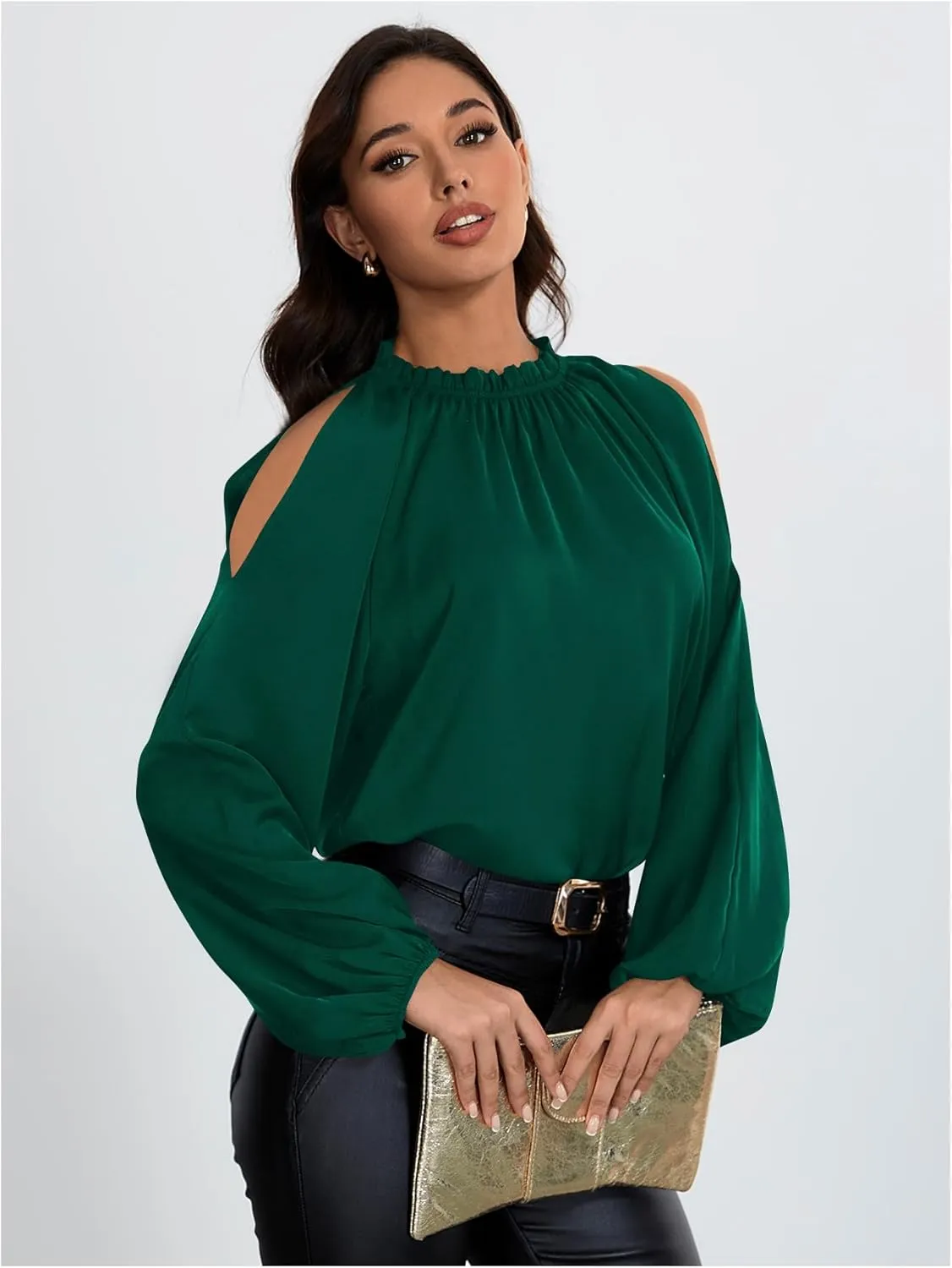 Verdusa Women's Long Sleeve Blouse Cold Shoulder Crew Neck Pleated Casual Shirts Lantern Sleeve Tops
