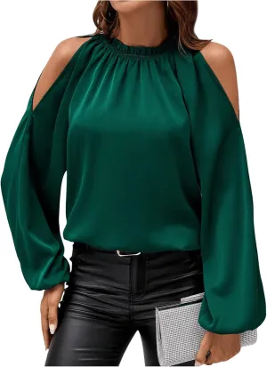 Verdusa Women's Long Sleeve Blouse Cold Shoulder Crew Neck Pleated Casual Shirts Lantern Sleeve Tops