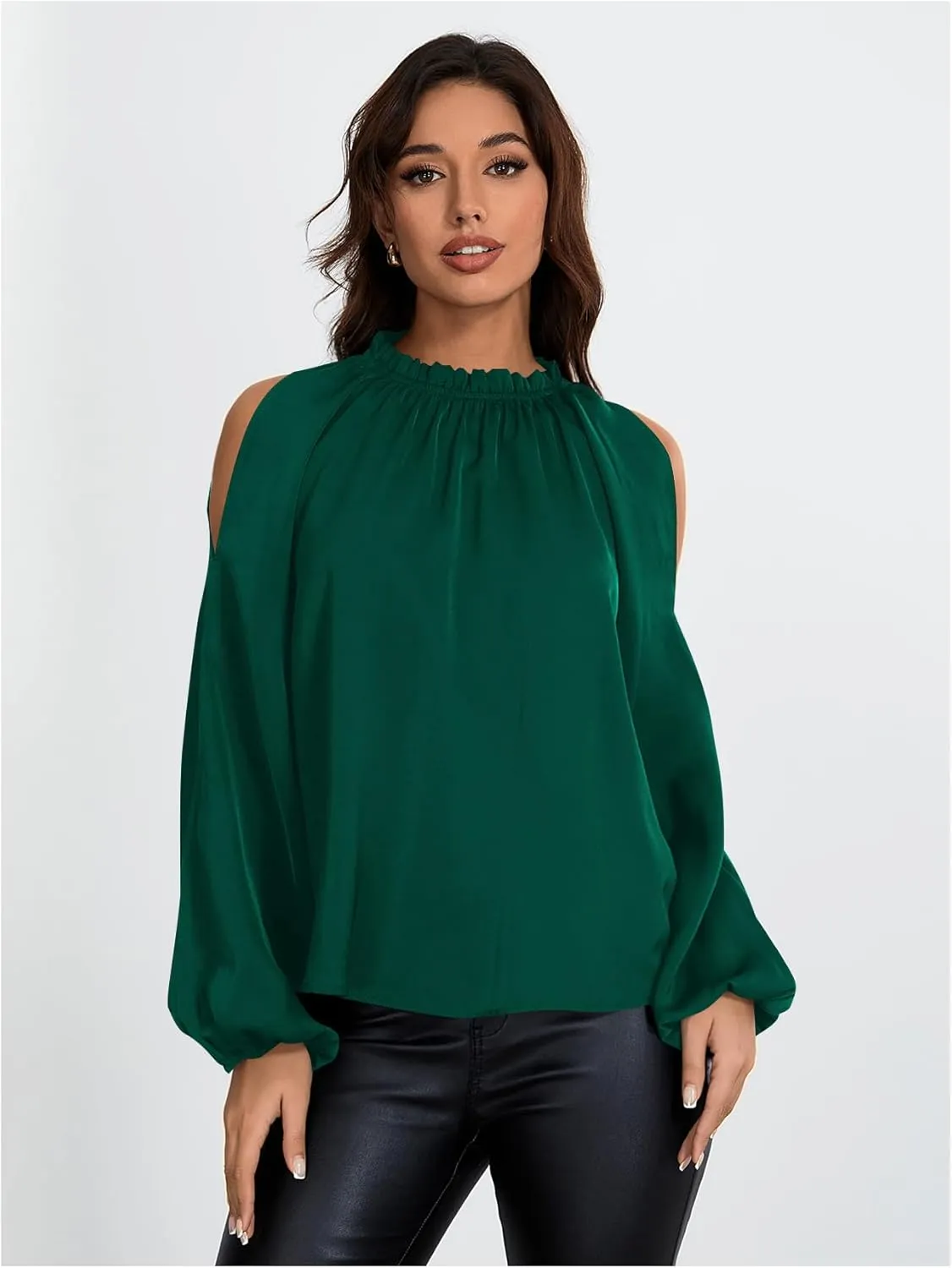 Verdusa Women's Long Sleeve Blouse Cold Shoulder Crew Neck Pleated Casual Shirts Lantern Sleeve Tops