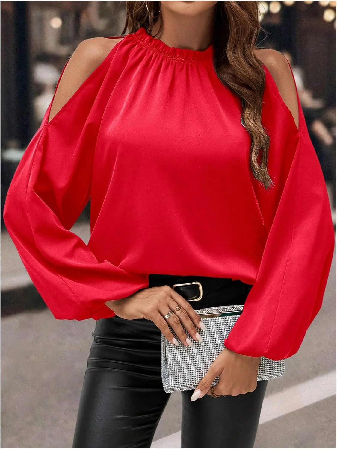 Verdusa Women's Long Sleeve Blouse Cold Shoulder Crew Neck Pleated Casual Shirts Lantern Sleeve Tops