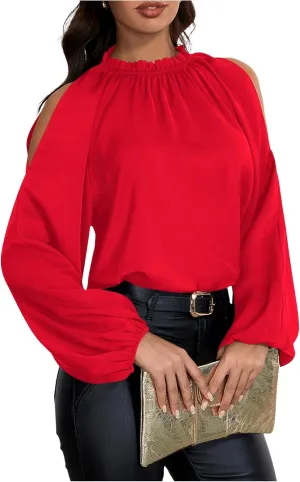 Verdusa Women's Long Sleeve Blouse Cold Shoulder Crew Neck Pleated Casual Shirts Lantern Sleeve Tops