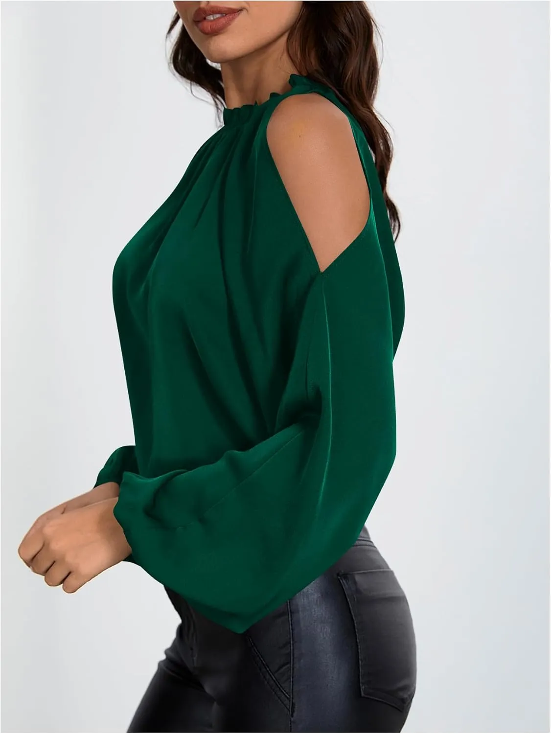 Verdusa Women's Long Sleeve Blouse Cold Shoulder Crew Neck Pleated Casual Shirts Lantern Sleeve Tops