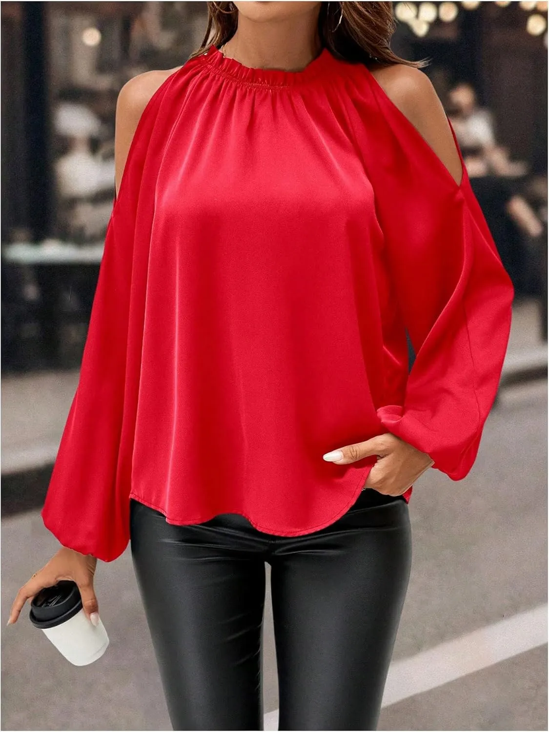 Verdusa Women's Long Sleeve Blouse Cold Shoulder Crew Neck Pleated Casual Shirts Lantern Sleeve Tops