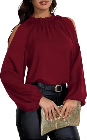 Verdusa Women's Long Sleeve Blouse Cold Shoulder Crew Neck Pleated Casual Shirts Lantern Sleeve Tops