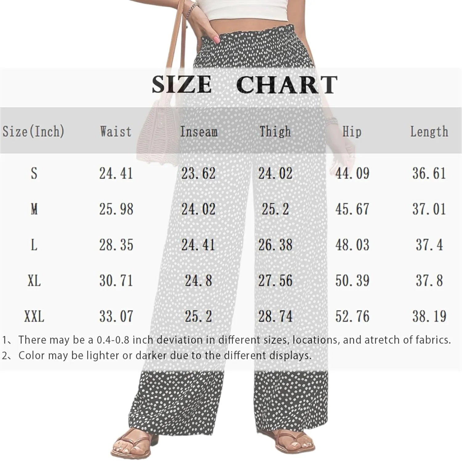 Wide Leg Linen Pants for Women Floral Smocked Elastic Waist Dress Pants Tummy Control Summer Boho Flowy Palazzo Pant