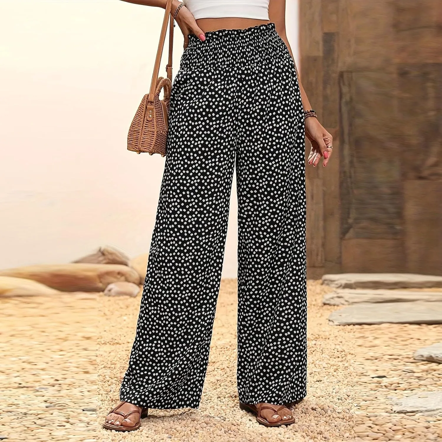 Wide Leg Linen Pants for Women Floral Smocked Elastic Waist Dress Pants Tummy Control Summer Boho Flowy Palazzo Pant