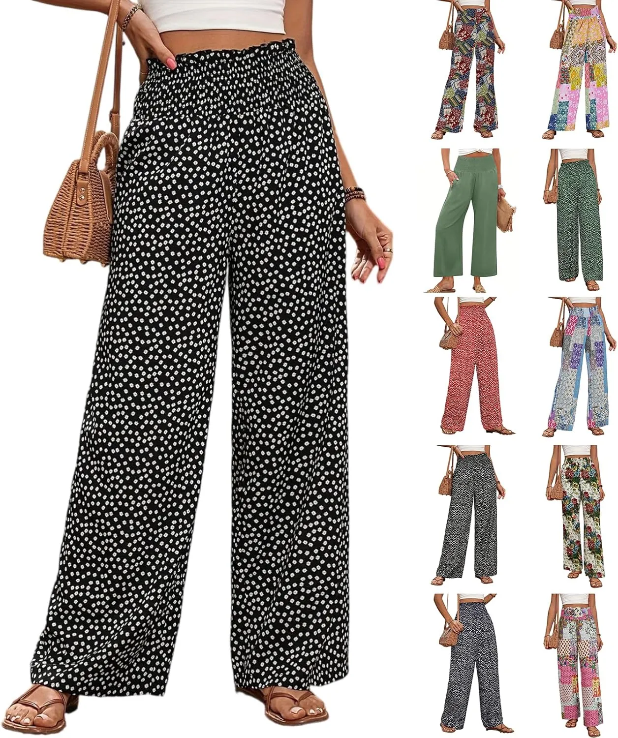 Wide Leg Linen Pants for Women Floral Smocked Elastic Waist Dress Pants Tummy Control Summer Boho Flowy Palazzo Pant