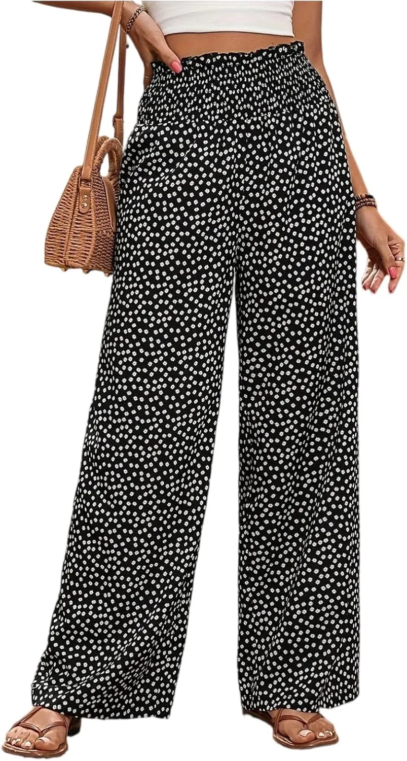 Wide Leg Linen Pants for Women Floral Smocked Elastic Waist Dress Pants Tummy Control Summer Boho Flowy Palazzo Pant
