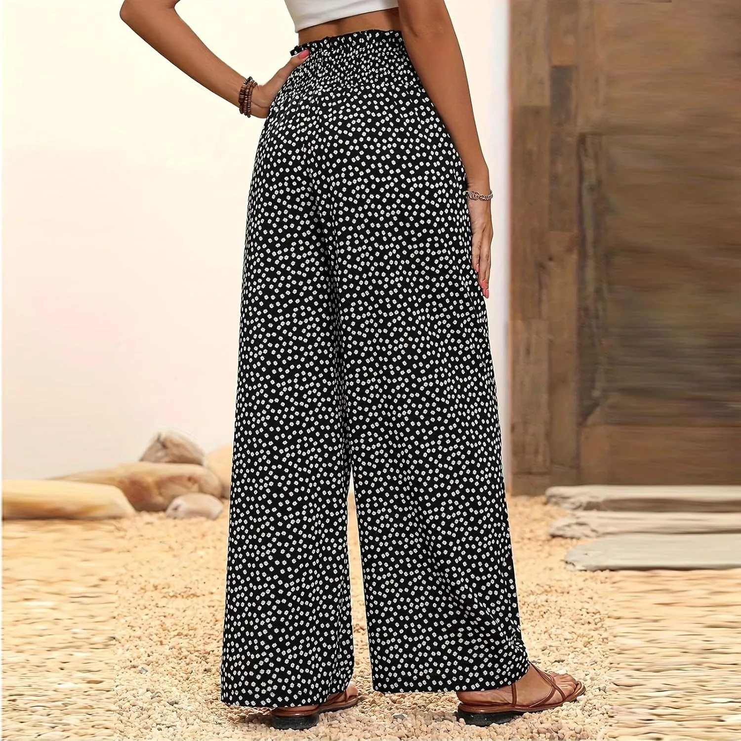Wide Leg Linen Pants for Women Floral Smocked Elastic Waist Dress Pants Tummy Control Summer Boho Flowy Palazzo Pant