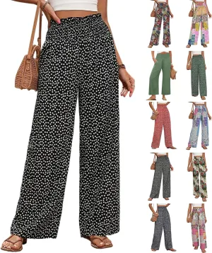 Wide Leg Linen Pants for Women Floral Smocked Elastic Waist Dress Pants Tummy Control Summer Boho Flowy Palazzo Pant