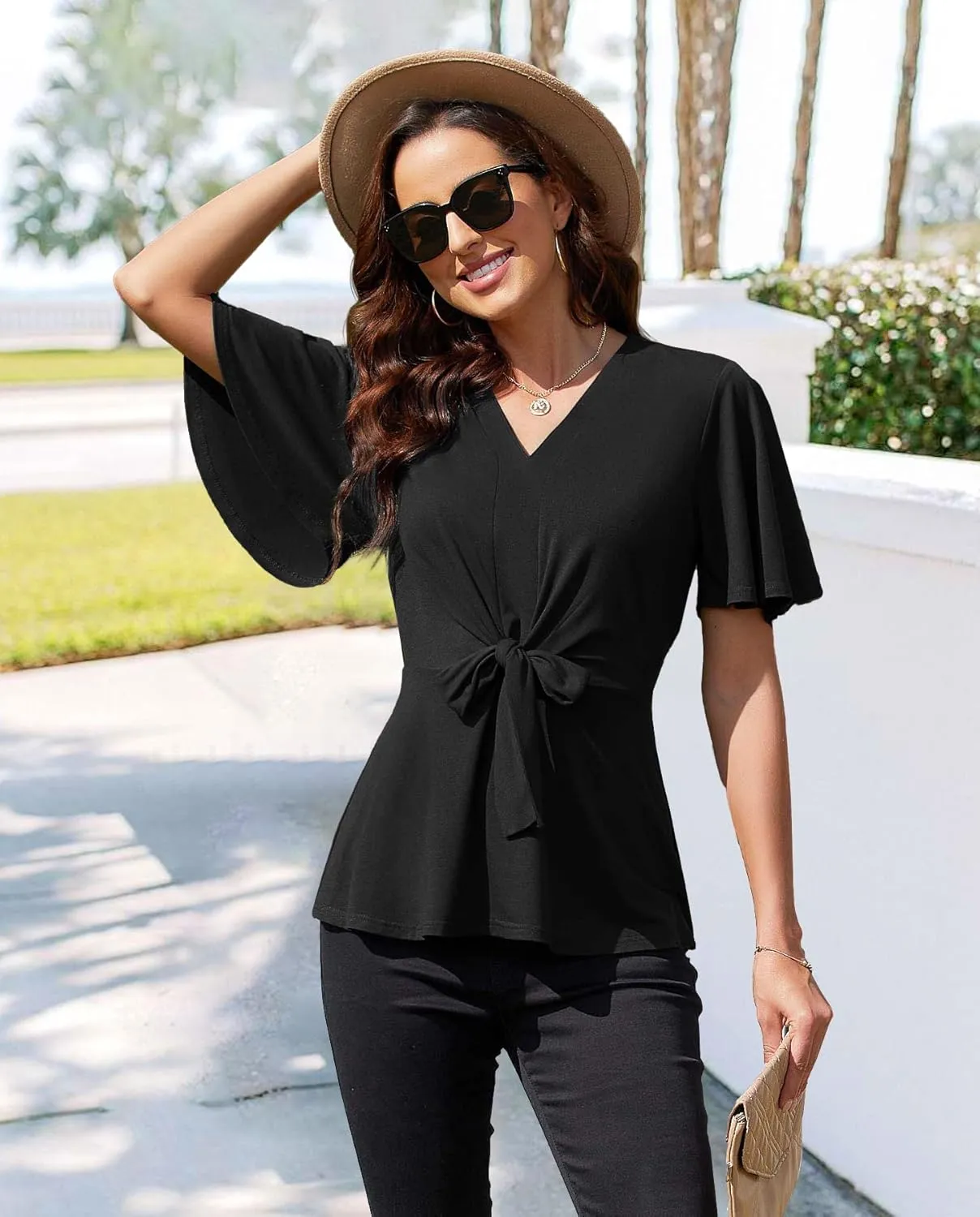 Women Casual Peplum Tops Elegant V Neck Bell Short Sleeve Dressy Blouses Cute Tie Front Tops Shirts