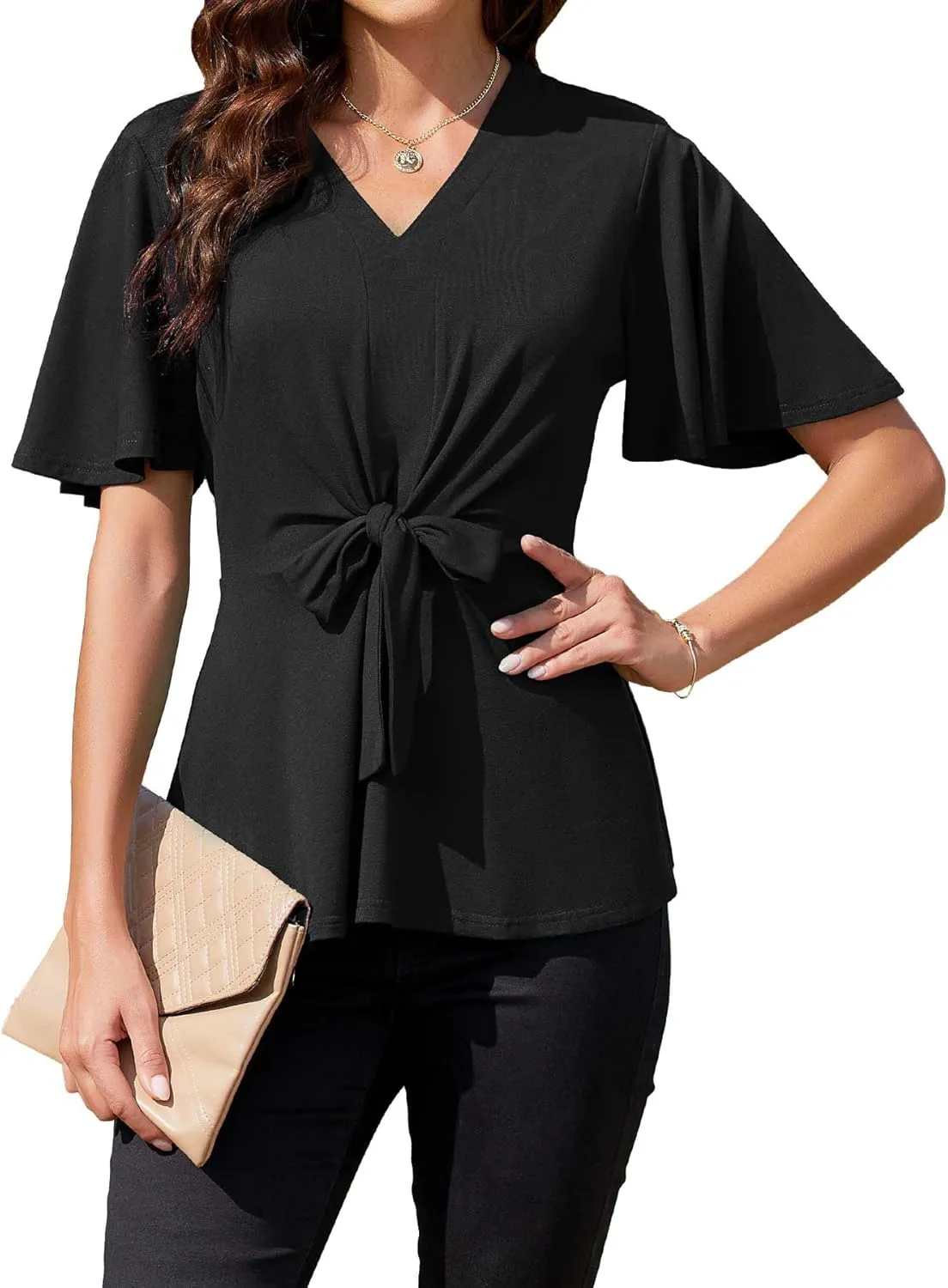 Women Casual Peplum Tops Elegant V Neck Bell Short Sleeve Dressy Blouses Cute Tie Front Tops Shirts