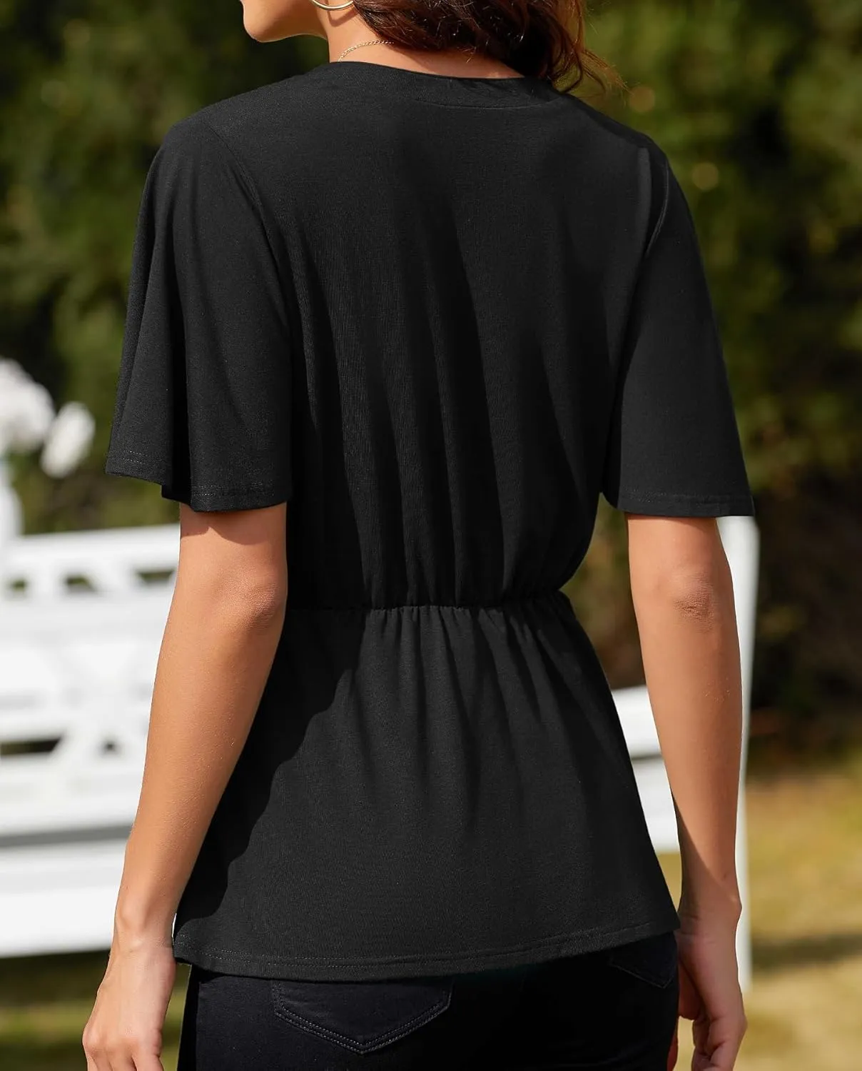 Women Casual Peplum Tops Elegant V Neck Bell Short Sleeve Dressy Blouses Cute Tie Front Tops Shirts