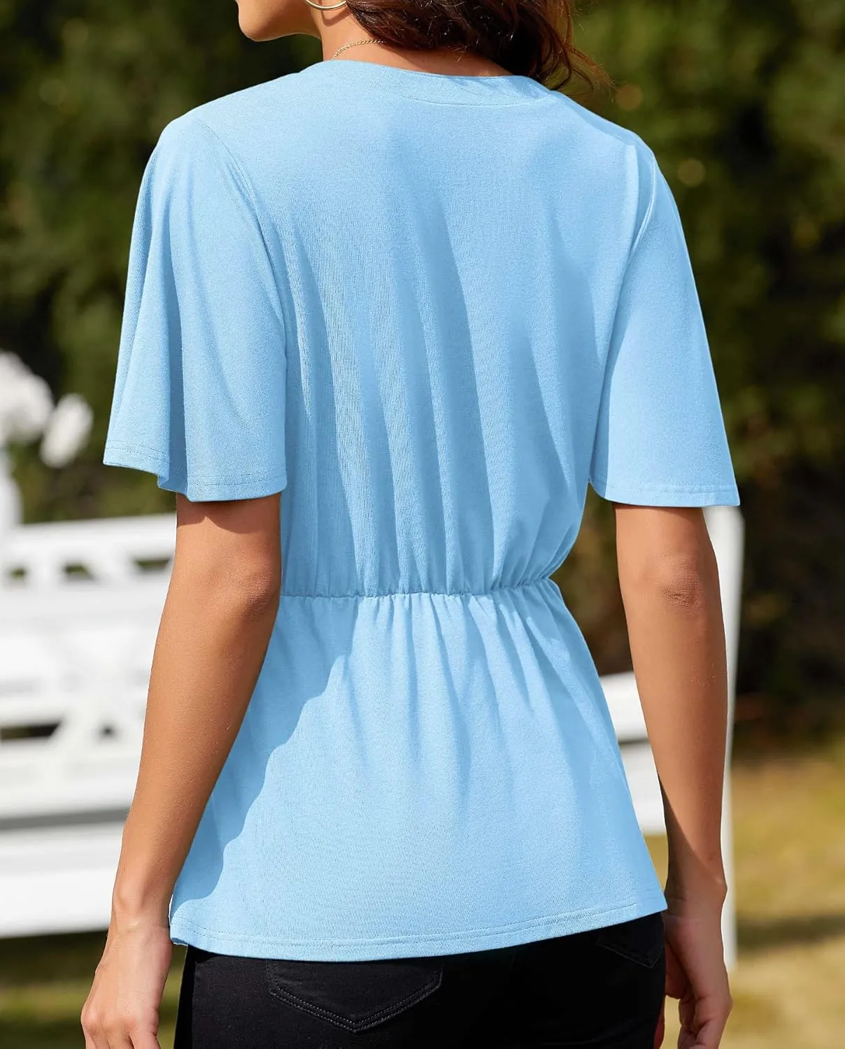 Women Casual Peplum Tops Elegant V Neck Bell Short Sleeve Dressy Blouses Cute Tie Front Tops Shirts