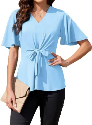 Women Casual Peplum Tops Elegant V Neck Bell Short Sleeve Dressy Blouses Cute Tie Front Tops Shirts