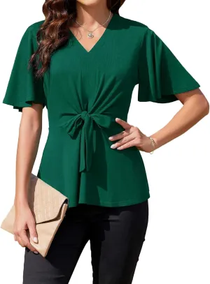 Women Casual Peplum Tops Elegant V Neck Bell Short Sleeve Dressy Blouses Cute Tie Front Tops Shirts