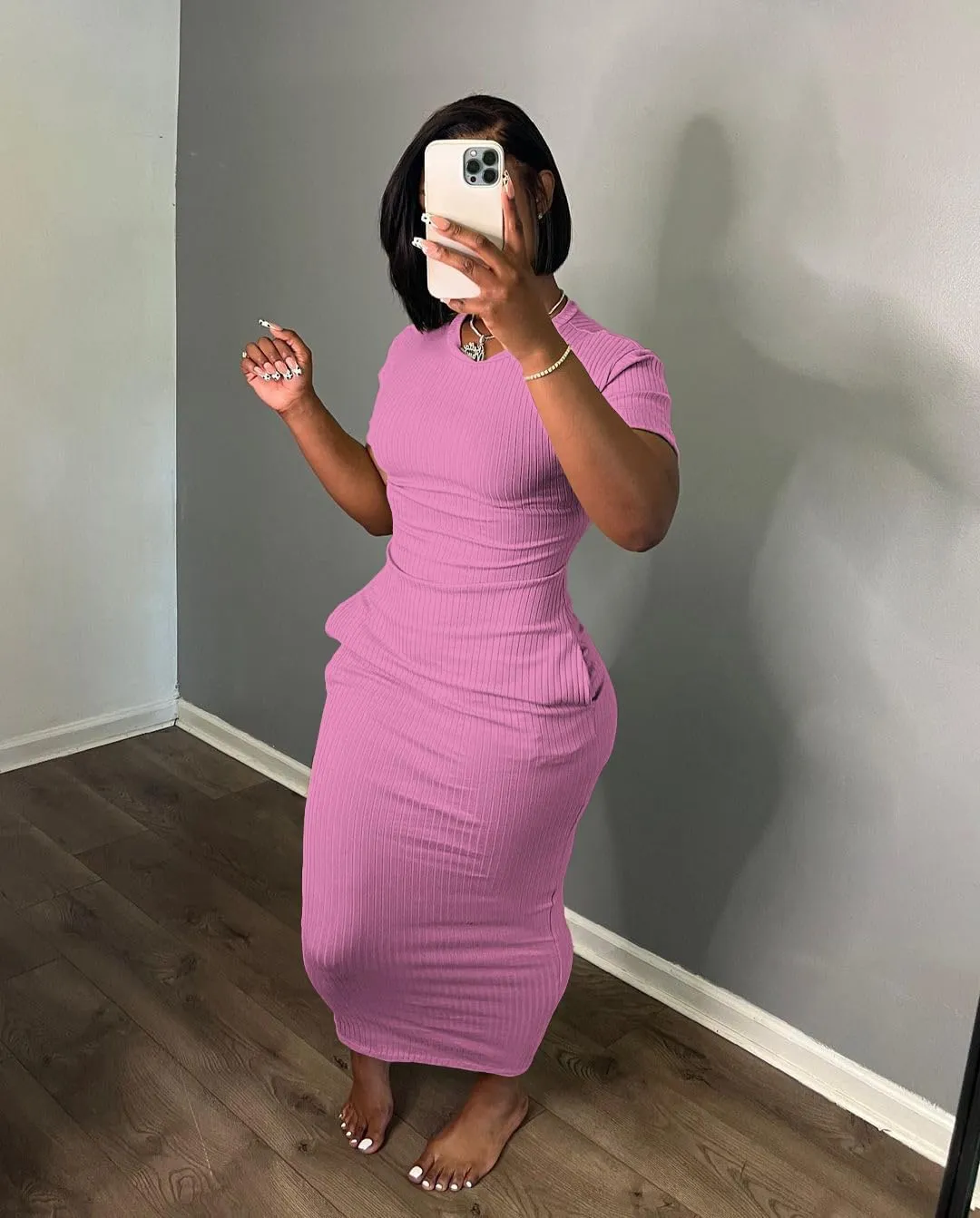 Women's Casual Short Sleeve Dress T Shirt Bodycon Dresses Ribbed V Neck Maxi Sundress Basic Party Club Dress with Pocket