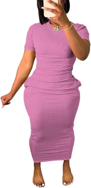 Women's Casual Short Sleeve Dress T Shirt Bodycon Dresses Ribbed V Neck Maxi Sundress Basic Party Club Dress with Pocket