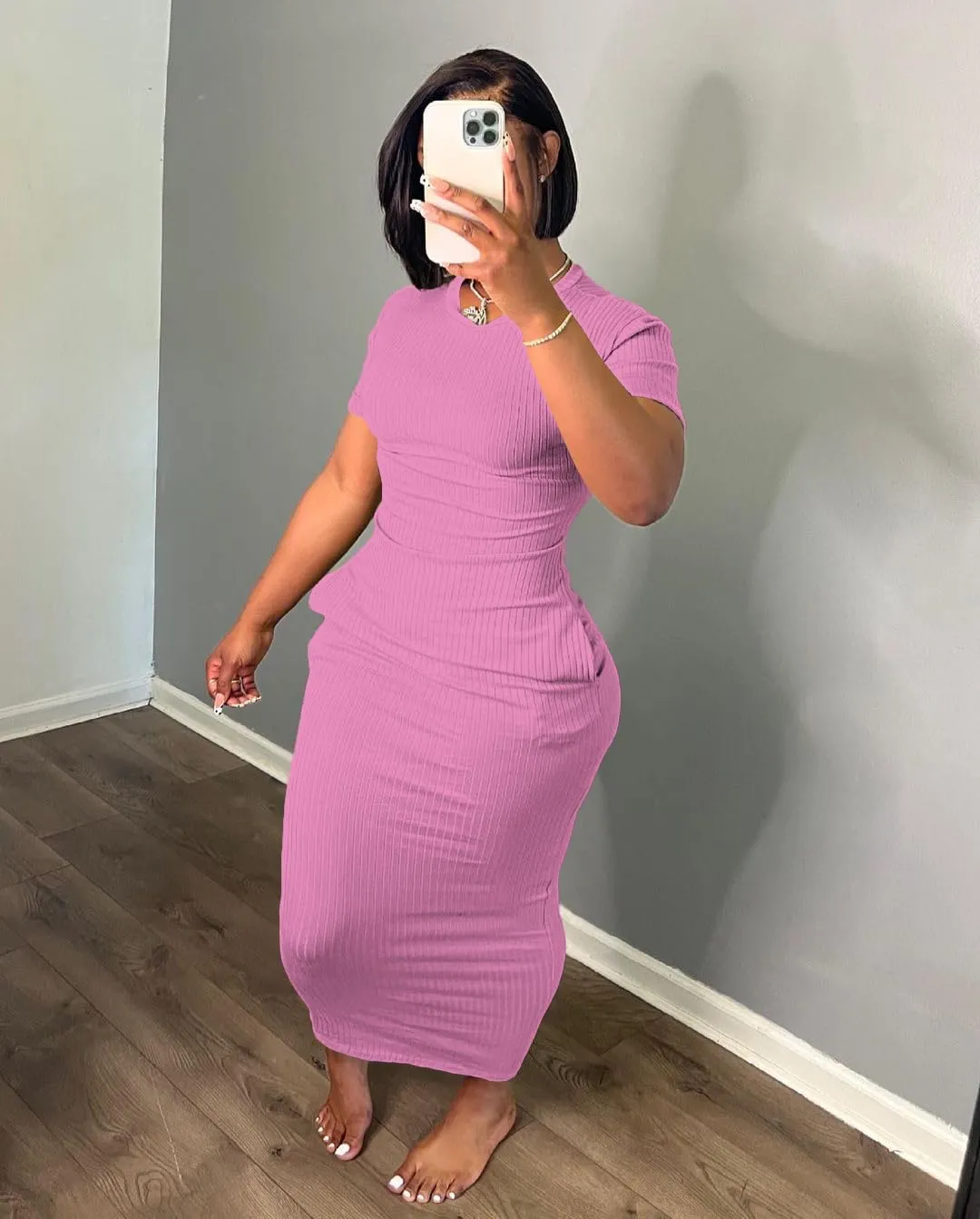 Women's Casual Short Sleeve Dress T Shirt Bodycon Dresses Ribbed V Neck Maxi Sundress Basic Party Club Dress with Pocket