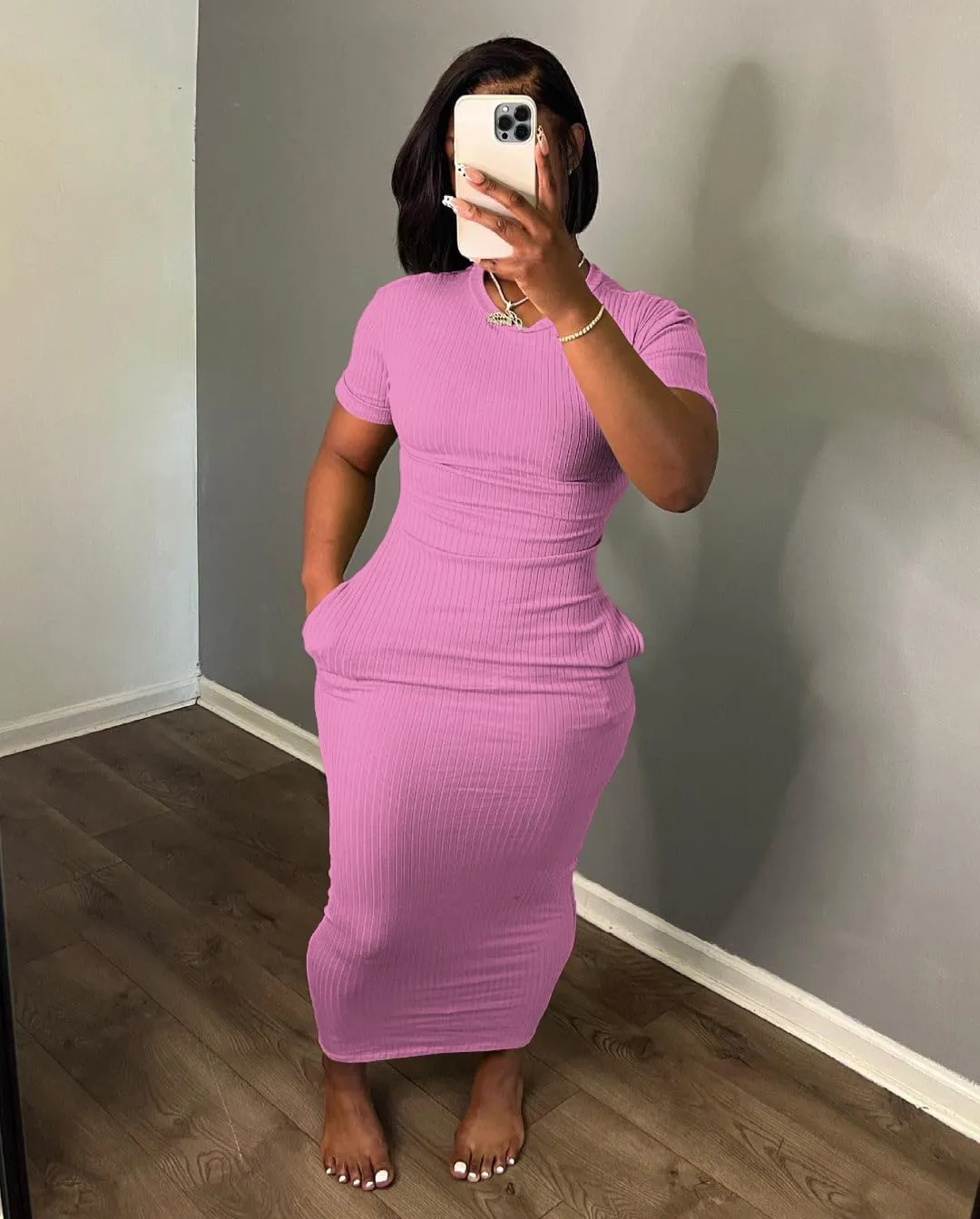 Women's Casual Short Sleeve Dress T Shirt Bodycon Dresses Ribbed V Neck Maxi Sundress Basic Party Club Dress with Pocket