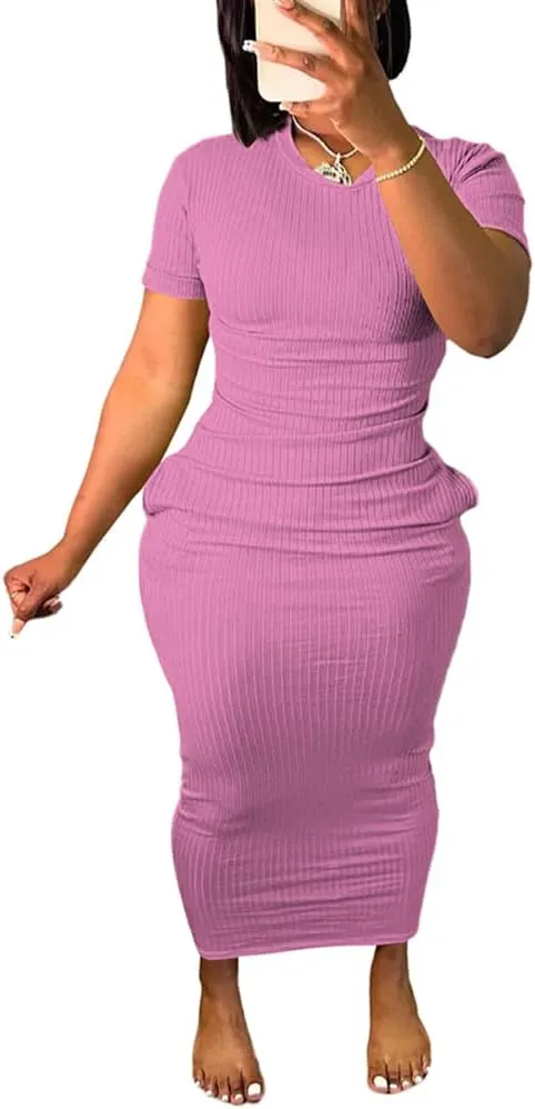 Women's Casual Short Sleeve Dress T Shirt Bodycon Dresses Ribbed V Neck Maxi Sundress Basic Party Club Dress with Pocket