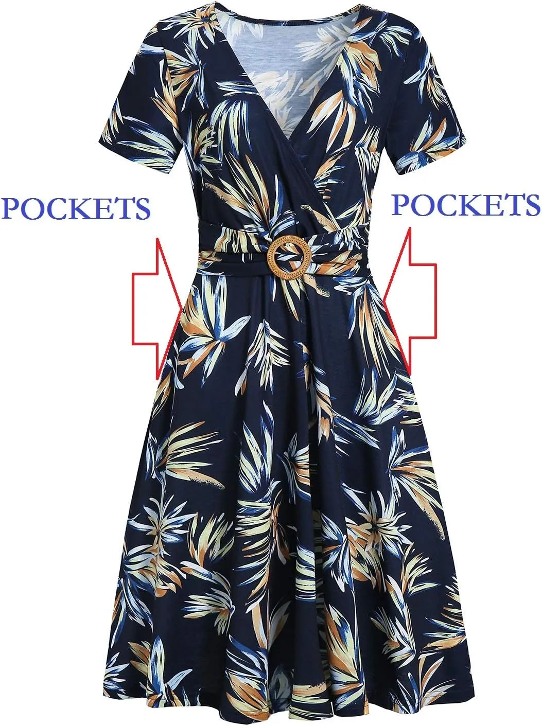 Women's Elegant Criss-Cross V Neck Vintage Short Sleeve Work Casual Fit and Flare Tea Dress with Pockets 980