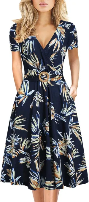 Women's Elegant Criss-Cross V Neck Vintage Short Sleeve Work Casual Fit and Flare Tea Dress with Pockets 980