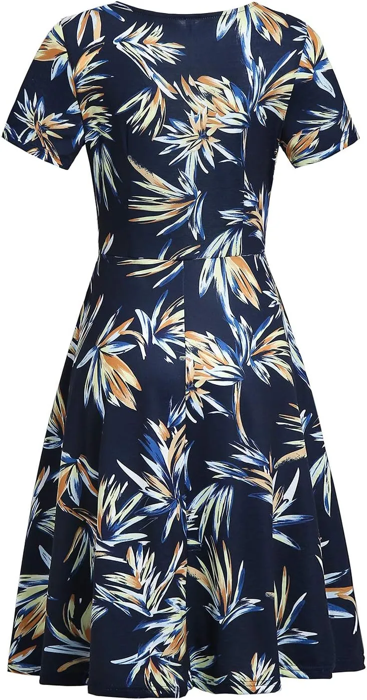 Women's Elegant Criss-Cross V Neck Vintage Short Sleeve Work Casual Fit and Flare Tea Dress with Pockets 980
