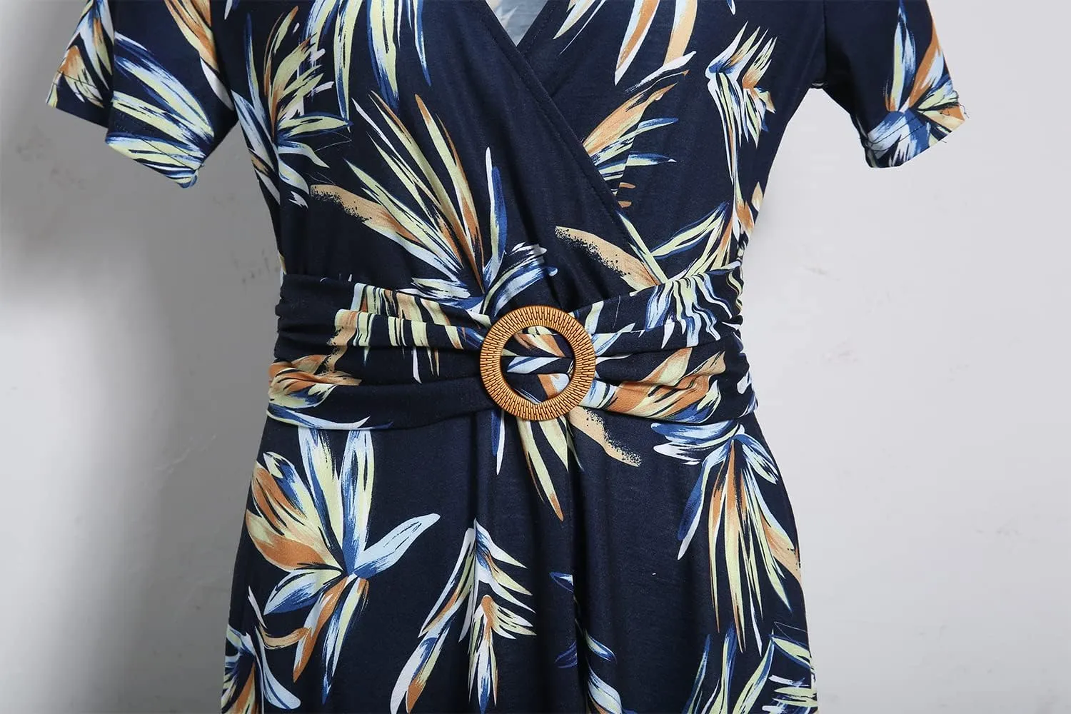 Women's Elegant Criss-Cross V Neck Vintage Short Sleeve Work Casual Fit and Flare Tea Dress with Pockets 980