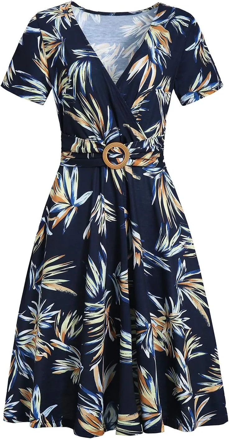 Women's Elegant Criss-Cross V Neck Vintage Short Sleeve Work Casual Fit and Flare Tea Dress with Pockets 980