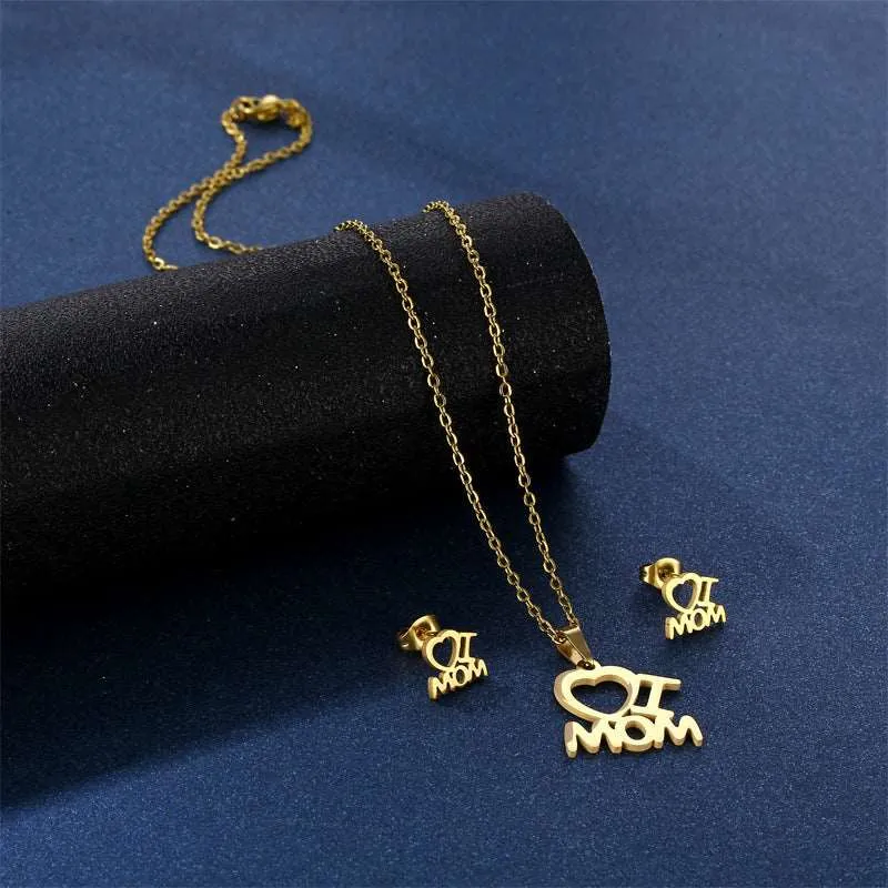 Women's Mother's Day Stainless Steel I Love Mom Heart Pendant Necklace and Earrings Jewelry Set