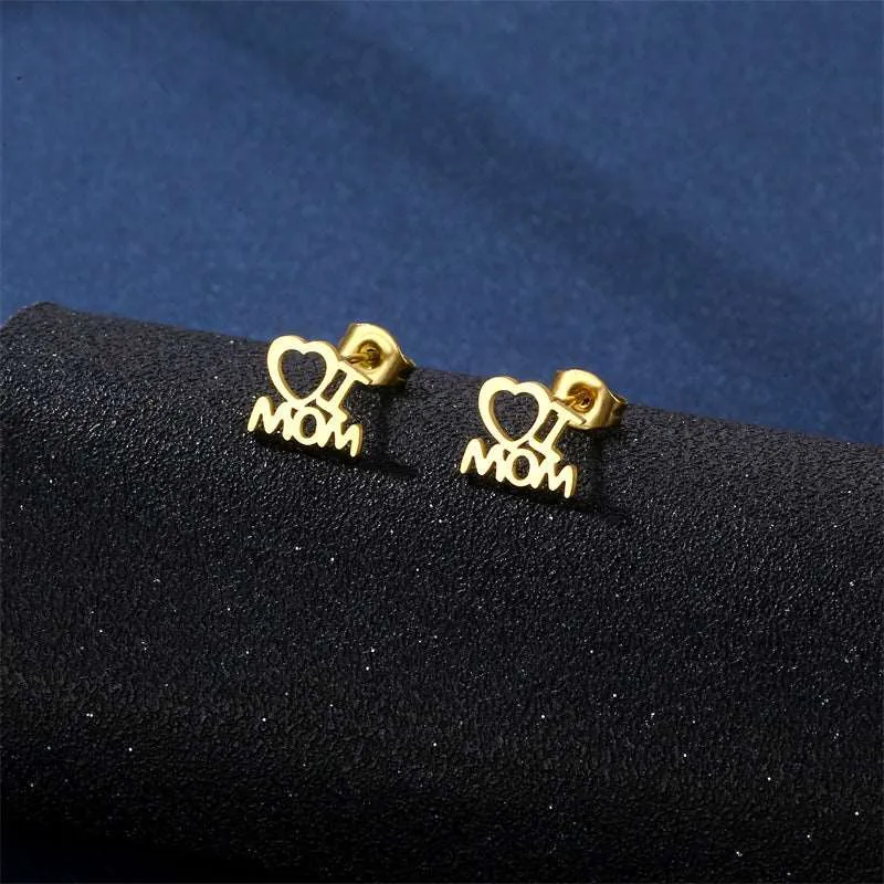 Women's Mother's Day Stainless Steel I Love Mom Heart Pendant Necklace and Earrings Jewelry Set