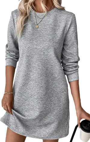 Women's Pullover Sweatshirt Dress Crewneck Long Sleeve 2025 Trendy Fall Casual Textured Mini Dresses with Pockets