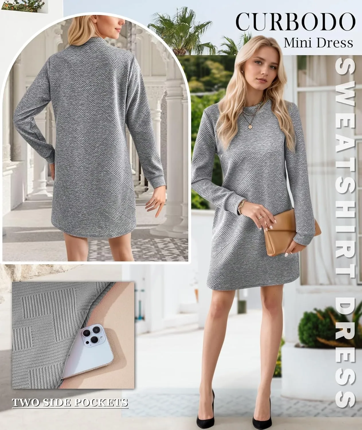 Women's Pullover Sweatshirt Dress Crewneck Long Sleeve 2025 Trendy Fall Casual Textured Mini Dresses with Pockets