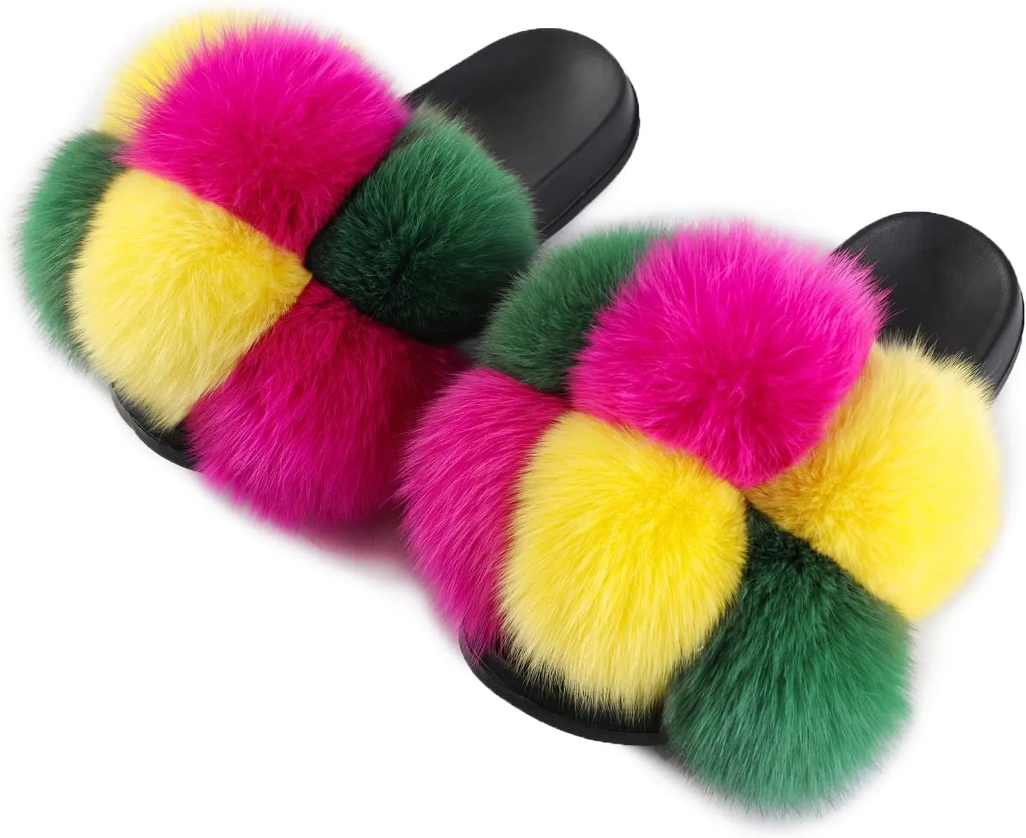 Women's Real Fox Fur Slides, Open-Toe Sandals, Indoor and Outdoor Non-Slip Slippers, Soft Pompom