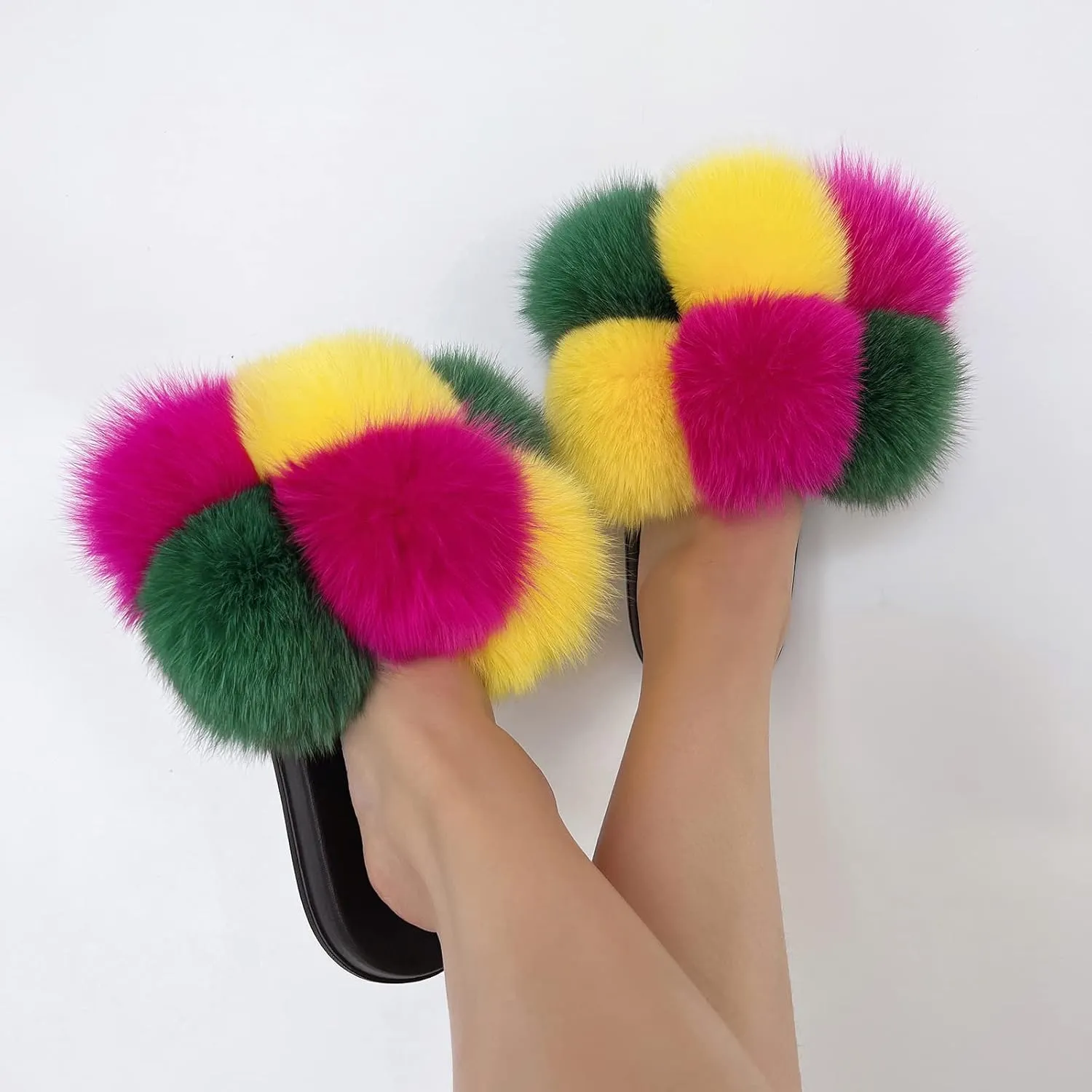 Women's Real Fox Fur Slides, Open-Toe Sandals, Indoor and Outdoor Non-Slip Slippers, Soft Pompom