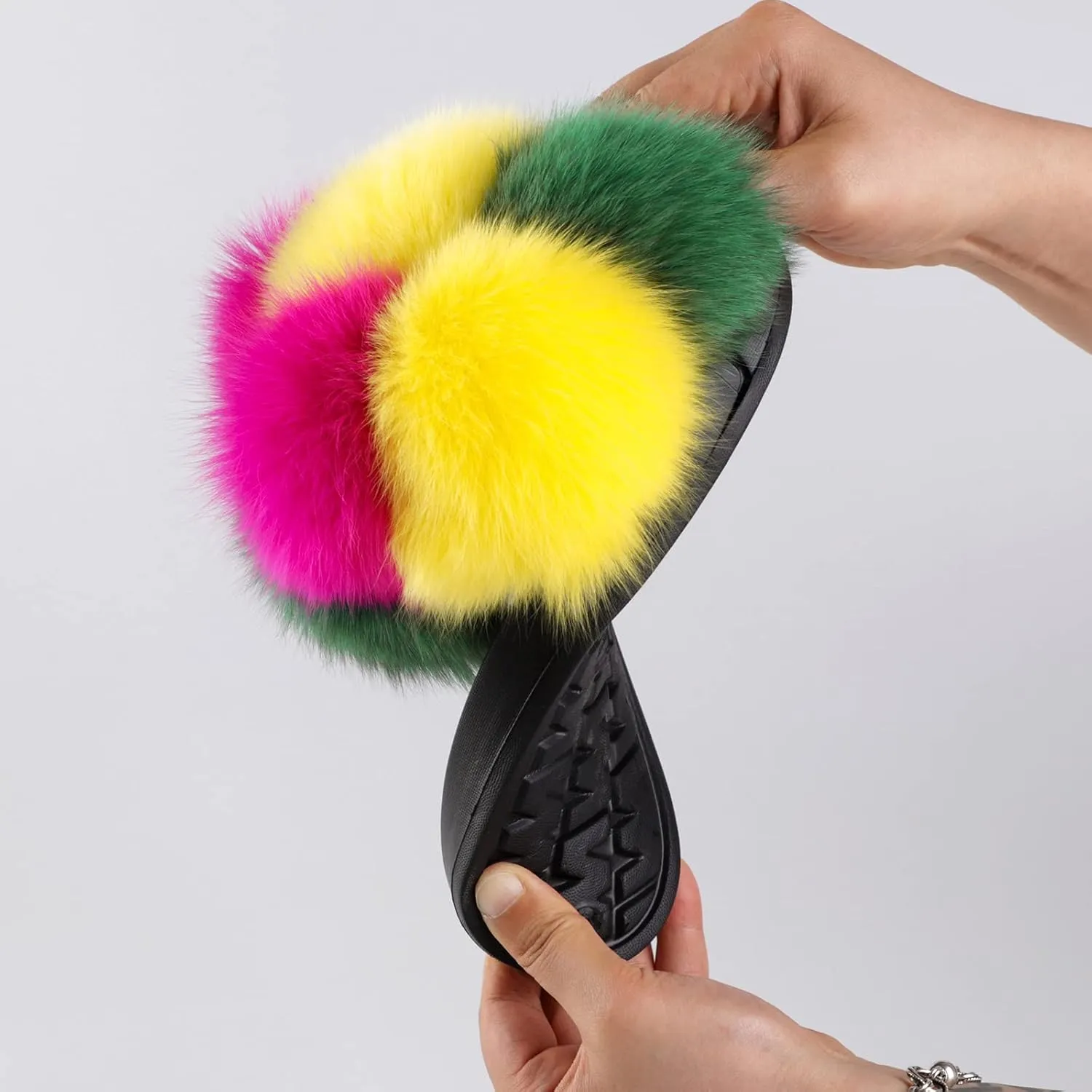 Women's Real Fox Fur Slides, Open-Toe Sandals, Indoor and Outdoor Non-Slip Slippers, Soft Pompom