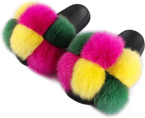 Women's Real Fox Fur Slides, Open-Toe Sandals, Indoor and Outdoor Non-Slip Slippers, Soft Pompom