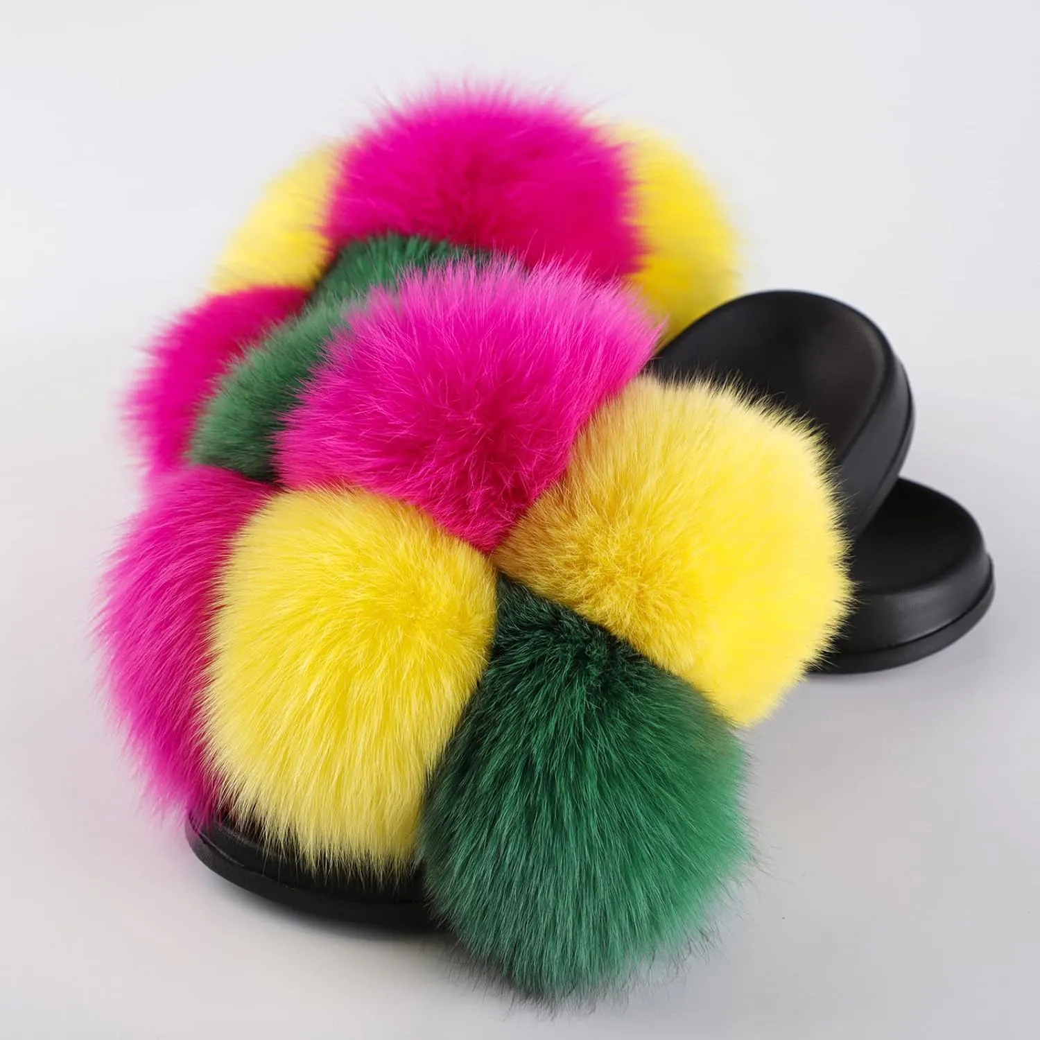 Women's Real Fox Fur Slides, Open-Toe Sandals, Indoor and Outdoor Non-Slip Slippers, Soft Pompom