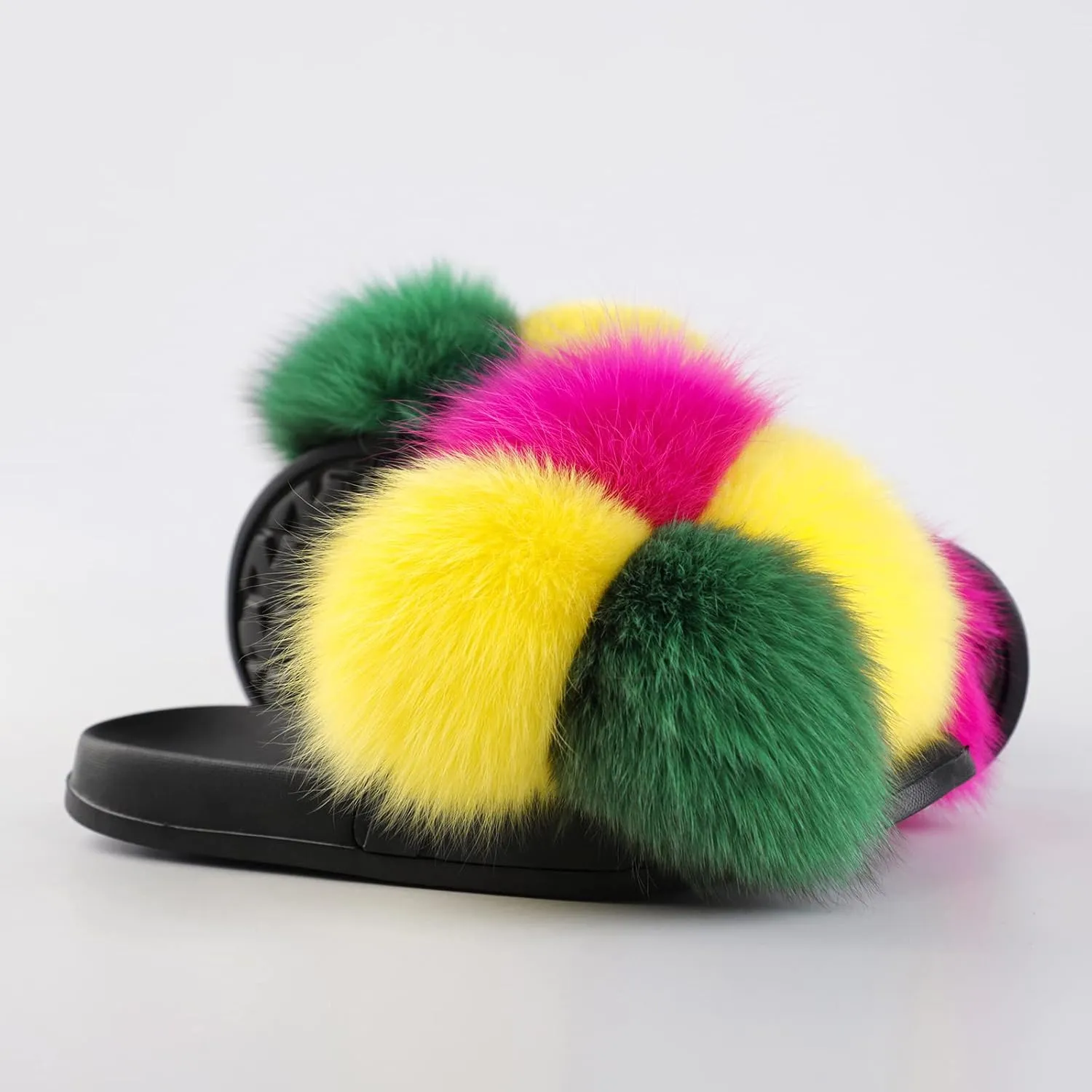 Women's Real Fox Fur Slides, Open-Toe Sandals, Indoor and Outdoor Non-Slip Slippers, Soft Pompom