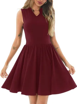 Women's Retro Sleeveless V Neck Swing Casual Work Summer Party Dress Pleated Beach Midi Swing Dresses