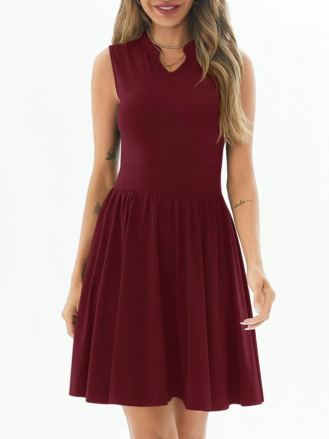 Women's Retro Sleeveless V Neck Swing Casual Work Summer Party Dress Pleated Beach Midi Swing Dresses