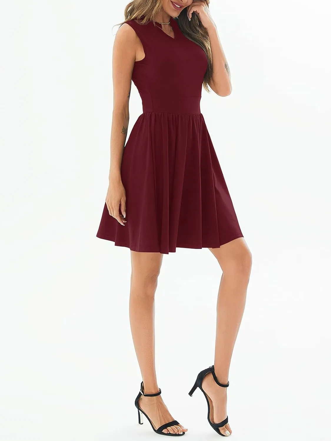 Women's Retro Sleeveless V Neck Swing Casual Work Summer Party Dress Pleated Beach Midi Swing Dresses