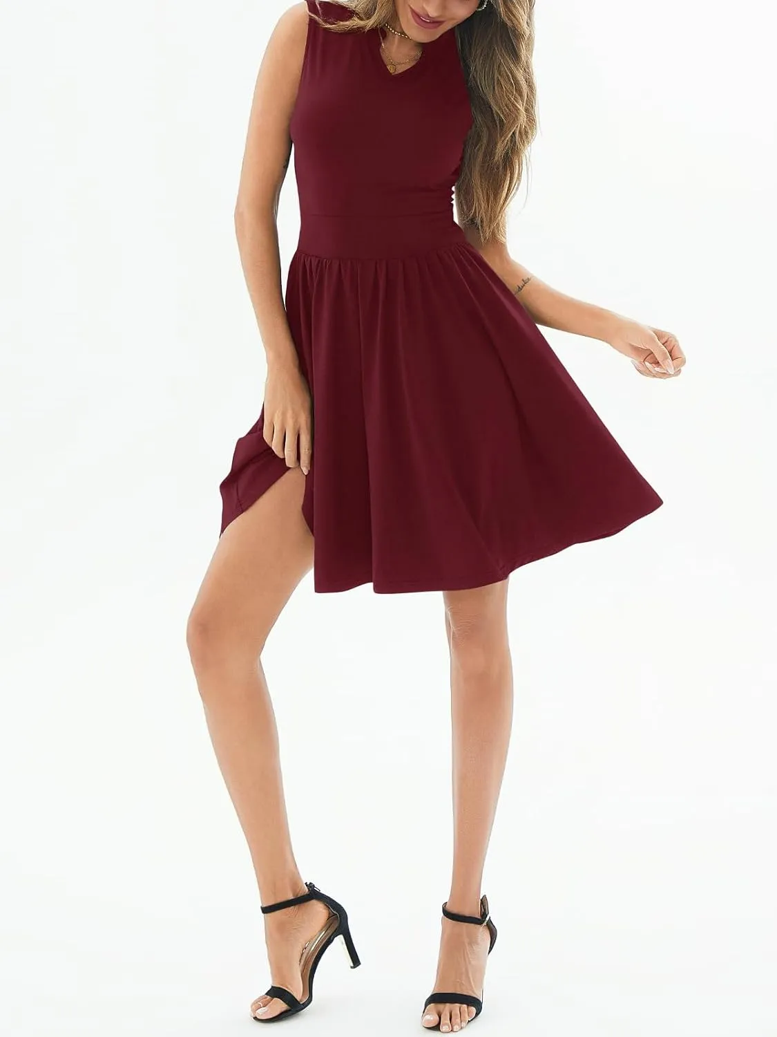 Women's Retro Sleeveless V Neck Swing Casual Work Summer Party Dress Pleated Beach Midi Swing Dresses