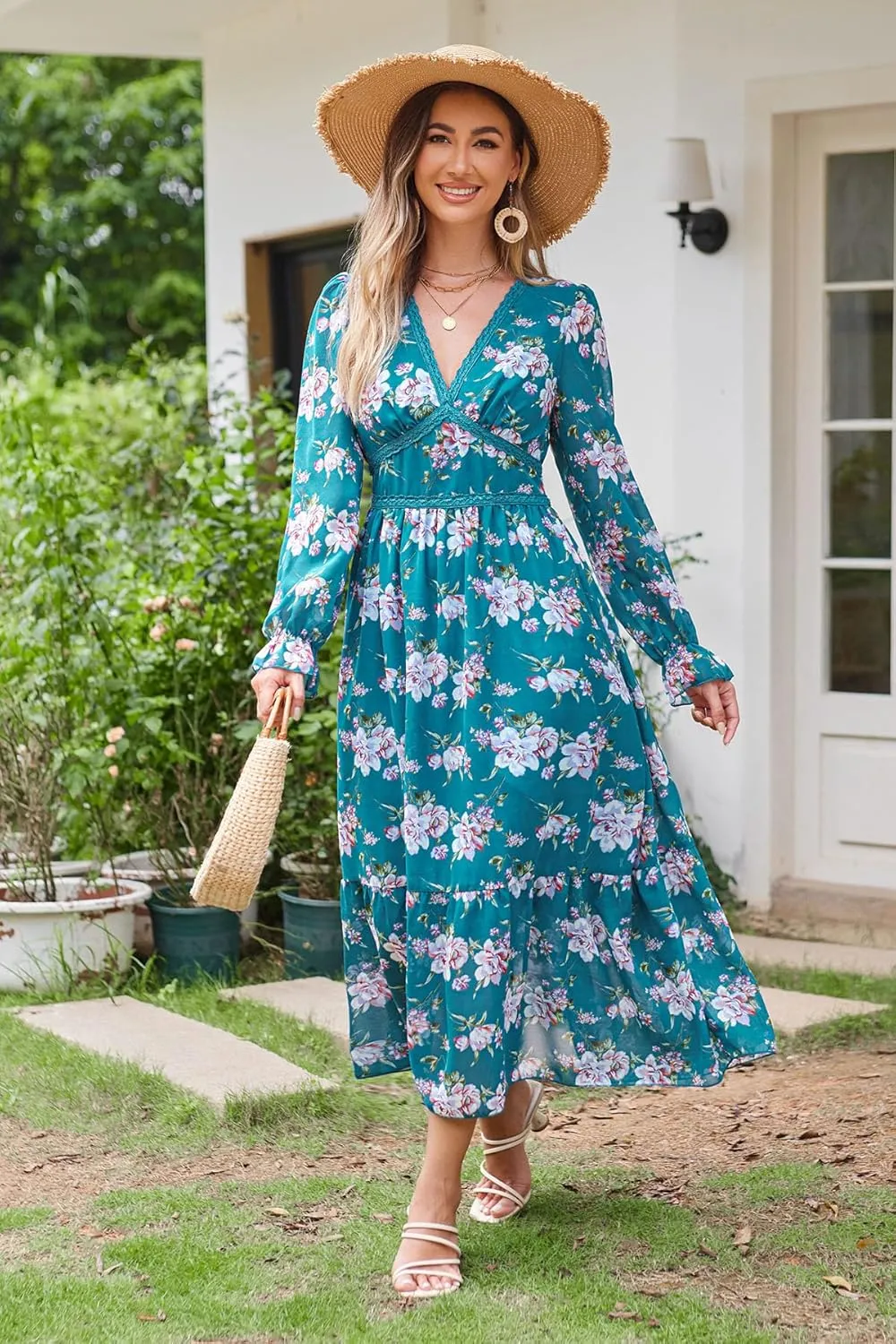 Women's Spring Wrap Maxi Dress Floral V Neck Long Sleeve Wedding Guest Party Casual Chiffon Dress
