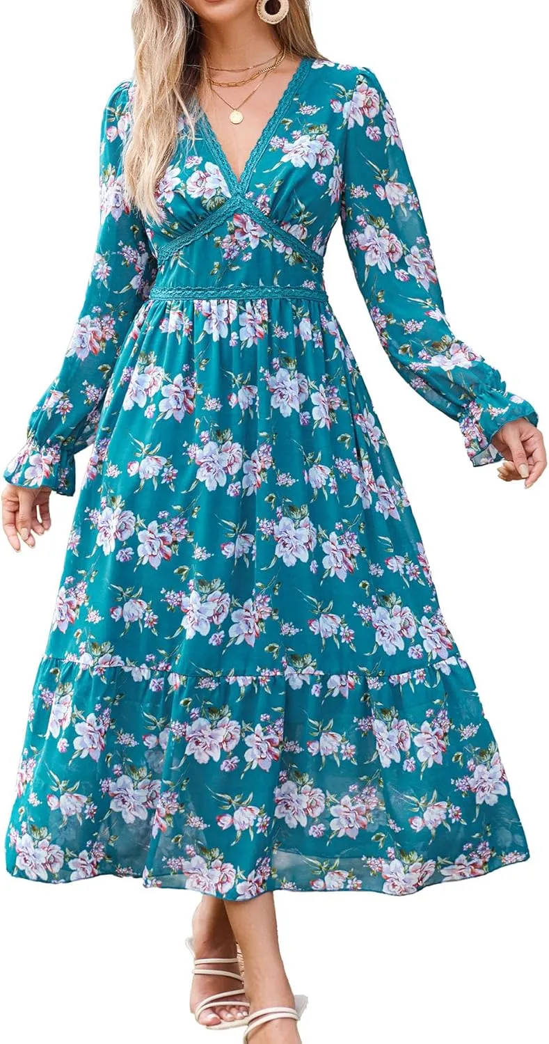 Women's Spring Wrap Maxi Dress Floral V Neck Long Sleeve Wedding Guest Party Casual Chiffon Dress