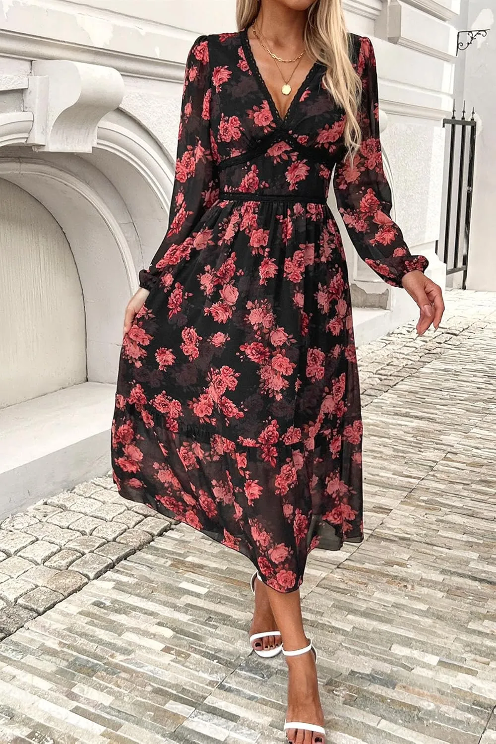 Women's Spring Wrap Maxi Dress Floral V Neck Long Sleeve Wedding Guest Party Casual Chiffon Dress